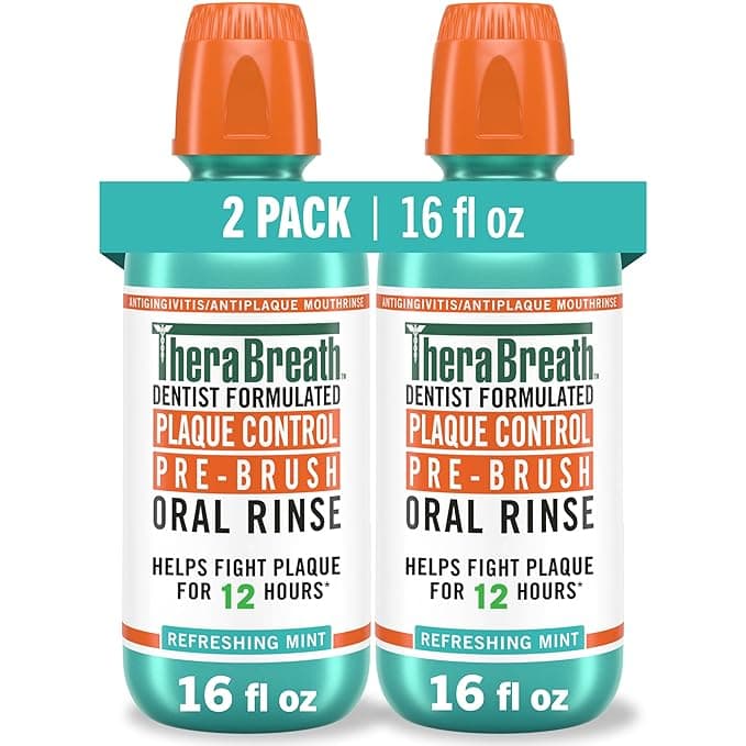 TheraBreath Plaque Control Pre-Brush Oral Rinse, Refreshing Mint Flavor, Antigingivitis and Antiplaque Rinse, Dentist Formulated, Alcohol Free, 16 Fl Oz (Pack of 2)