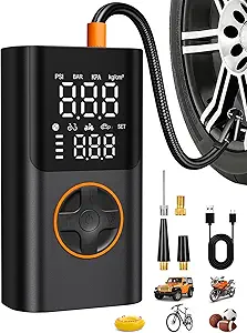 AIRSURE Tire Inflator Portable Air Compressor, Bike Pump with Gauge and USB Charging Output, 150PSI Fast Inflation Portable Tire Inflator for Car Bicycles Motorcycles Scooter Balls