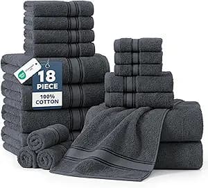 LANE LINEN 100% Mercerized Cotton Bath Towels Set of 18 – Zero Twist, 6 Bath, 6 Hand Towel & 6 Washcloths, Soft, Ideal for Spa Hotel & Home, Gentle on Body, Durable After Multiple Washes – Cool Grey