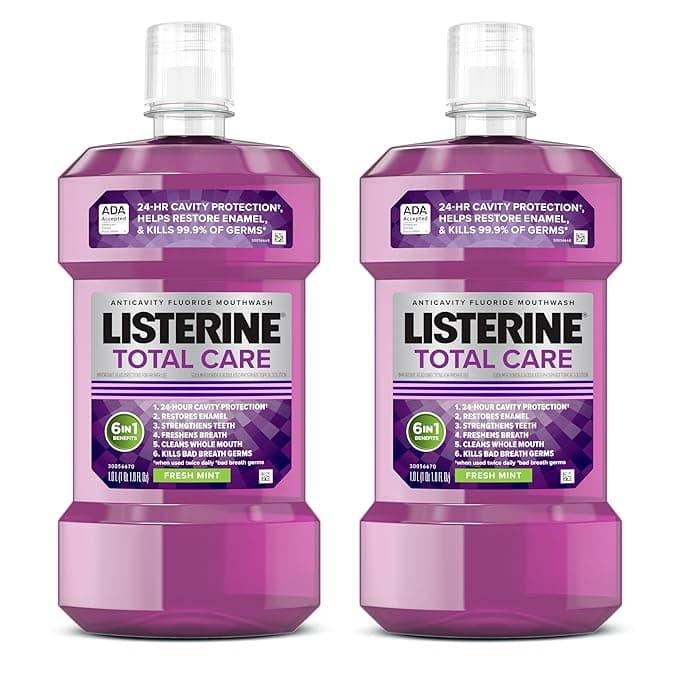 Listerine Total Care Anticavity Fluoride Mouthwash, 6-in-1 Rinse Helps Kill 99% of Bad Breath Germs, Prevents Cavities, Strengthens Teeth, Bad Breath Treatment for Adults, Fresh Mint, Twin Pack, 2x1 L