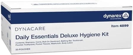 Dynarex DynaCare Daily Hygiene Kit - Travel Essentials Toiletry Bag - Includes TSA Approved Shampoo, Toothbrush Set, Body Lotion and More - Orange, 1 Case of 20 (9-Piece Kits)