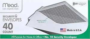Mead #10 Envelopes, Letter Size, 4-1/8" x 9-1/2", Security Printed Lining for Privacy, Gummed Closure, Windowless, White All-Purpose for Home & Office Mail, 40 Count (75214)