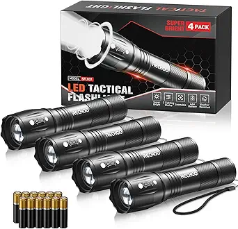 RECHOO 4Pack LED Flashlight, Bright Small Flashlights High Lumens with 3 Modes, Pocket Mini Flashlight Battery Powered, Flash Light Adjustable Focus, Waterproof Flashlights for Home Emergency Camping