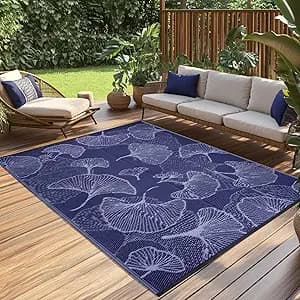 Pcinfuns Outdoor Patio Rugs 8'x10' Waterproof, Reversible Plastic Straw Camping Rug Carpet, Large Area Rugs Mats for Rv, Deck, Porch, Picnic, Beach, Balcony, Navy Blue & Grey
