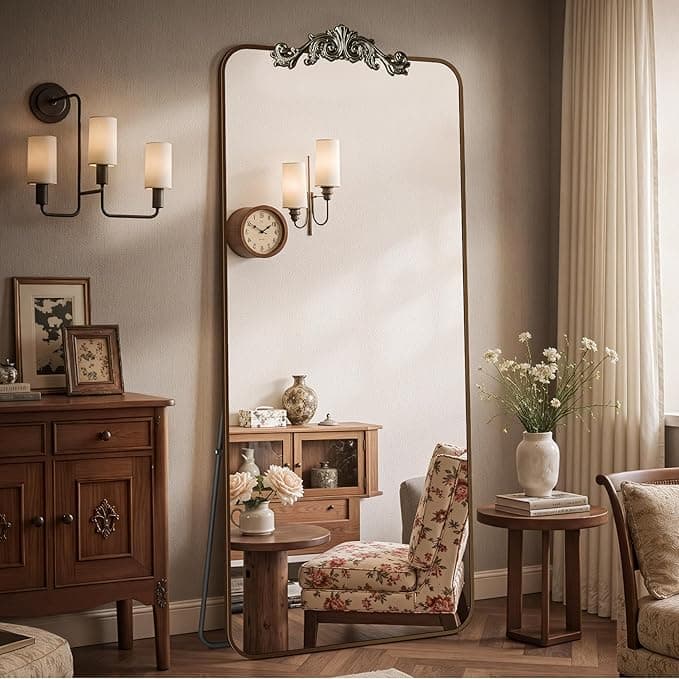 Vintage Full Length Mirror, 58"x18" Floor Mirror with Carved, Full Body Mirrors for Home Decor, Standing/Hanging Large Wall Mirrors for Bedroom/Living Room/Entryway, Bronze, Retro Style