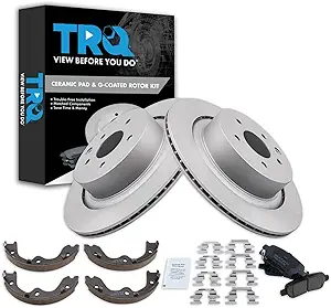 TRQ Rear Brake Pad and Rotor Set Ceramic G Coated Rotors Parking Shoe Compatible with 2008-2013 Infiniti G37 2014-2015 Q60