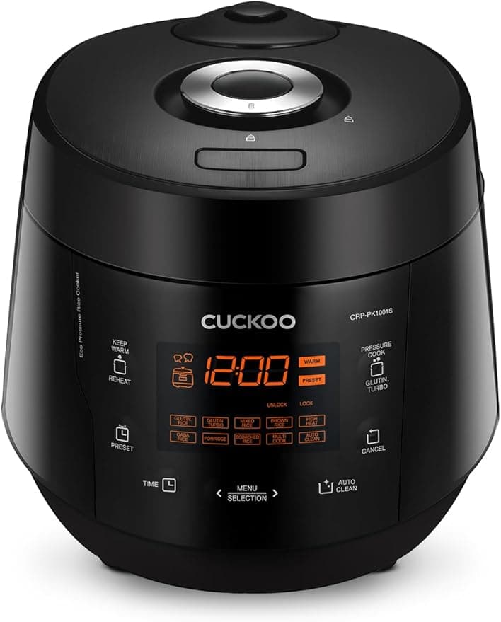 CUCKOO High Pressure Rice Cooker 10-Cup Uncooked / 20-Cup Cooked with Nonstick Inner Pot, Large Rice Maker with 13 Menu Options and Steam Plate, Fuzzy Logic Tech, Auto Clean, Black (CRP-PK1001S)