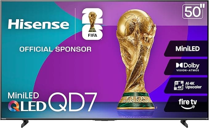 Hisense 50" Class QD7 Series Mini-LED 4K UHD Smart Fire TV (50QD7QF, 2025 Model) - QLED, HDR10+, Dolby Vision, Dolby Atmos, Game Mode Plus, ALLM, Alexa Built in with Voice Remote, Streaming TV, Black