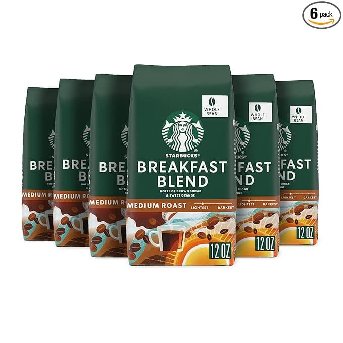 Starbucks Whole Bean Coffee, Medium Roast Coffee, Breakfast Blend, 100% Arabica, 6 bags (12 oz)
