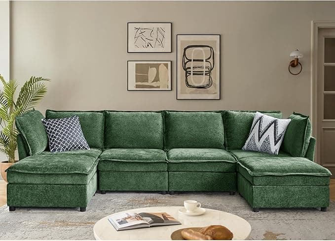 HULALA HOME 127'' Modular Sectional Sofa, Oversized U Shaped Couch with Storage Ottoman, Comfy Chenille Sofa with Deep Seat, 6 Seat Convertible Couches for Living Room, Green