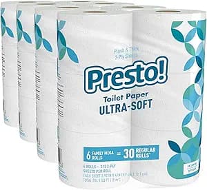Amazon Brand - Presto! 2-Ply Ultra-Soft Toilet Paper, 24 Family Mega Rolls = 120 regular rolls, 6 Count (Pack of 4), Unscented