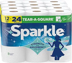 Sparkle Tear-A-Square Paper Towels, 12 Double Rolls - Strong 2-Ply Towels for Kitchen Cleanup and Everyday Messes