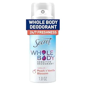 Secret Whole Body Deodorant Spray for Women, Travel Size, Peach & Vanilla Blossom Scent, Aluminum Free Deodorant, 72 HR Odor Protection, 1.0 oz