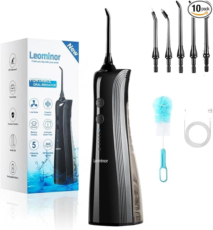 Leominor Water Dental Flosser - 5 Modes Cordless Portable Oral Irrigator, IPX7 Waterproof, Rechargeable Teeth Cleaner Upgrade Datchable Tank Professional Flossing Cleaning Pick for Home Travel (Black)