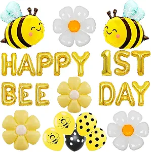 Happy 1st Bee Day Balloon Bee Themed Birthday Party Decorations, Happy Bee Day Balloons Banner, Yellow Bee Foil Balloons Daisy Mylar Foil Balloons for Boys Girls Happy 1st Bee Day Decoration