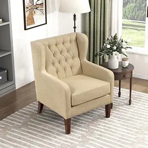 Lexicon Living Room Accent Chair, Button Tufted Wingback, Track Arm, Reversible Seat Cushion, Solid Wood Legs, Textured Fabric Comfy Armchair, for Bedroom/Office, Easy Assembly, Beige