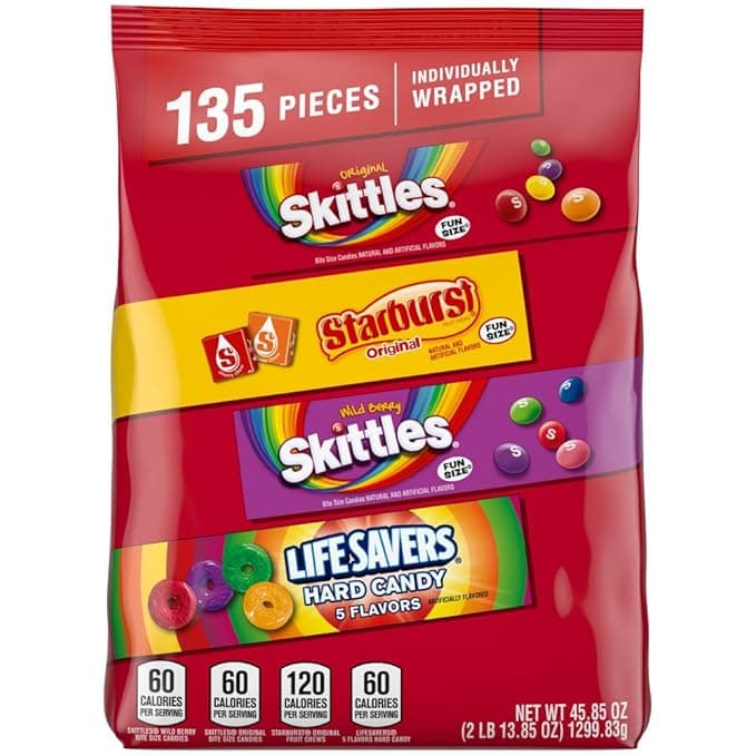 SKITTLES Original,Wild Berry STARBURST &amp; LIFE SAVERS Hard Candy Fun Size Fruity Christmas Candy Assortment, 135 Ct Bulk Bag