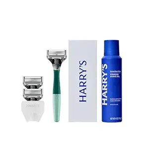 Harry's Original Shaving Kit for Men - 1 Razor Handle, 3 Razor Blade Refills, Foaming Shave Gel, and Travel Blade Cover - German Engineered - Sage