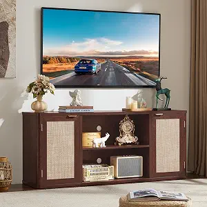 LEYAOYAO Rattan TV Stands for Living Room, Walnut | Boho Media Console with Rounded Corners & 6 Large Storage Compartments & Floor-Standing Design for 50-65 Inch TV
