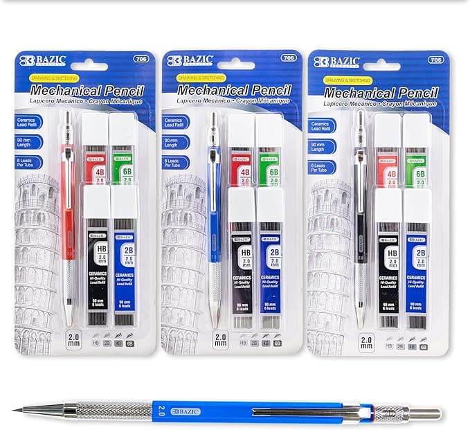 BAZIC Products 2.0mm Mechanical Lead Pencil with 4 Ceramic Lead Refills, HB 2B 4B 6B Lead, for Art Drafting Drawing Sketching Shading, 144-Packs