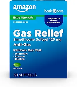 Amazon Basic Care Gas Relief Softgels, Simethicone 125 mg, Extra Strength Antigas for Bloating and Discomfort, 30 Count