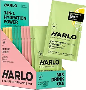 Harlo 3-in-1 Electrolytes, Creatine & Collagen Performance Drink Mix Sachets | High-Sodium Hydration for Intense Training | Zero Sugar | 12-Sachet Variety Pack