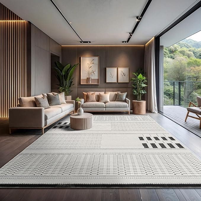 CAMILSON Modern Rug 9x12 Luxury Geometric Pattern Large Micro Loop Area Rugs Soft High-Low Pile Stain Resistant Easy to Clean Non-Shedding Durable Living Room Bedroom Indoor Carpet (White/Black)