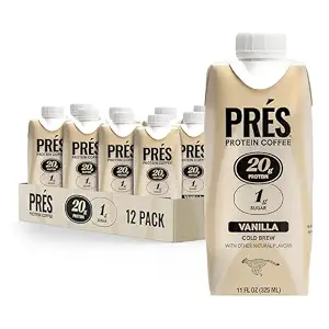 PRES Protein Coffee, Vanilla, High Protein, Real Cold Brew, 20g Protein, 1g Sugar, 100 Calories, Protein Snacks, No Added Sugar, Coffee, Breakfast, Protein, Kosher, Soy Free, Nut Free, Non-GMO, Low Carb (12 Pack)