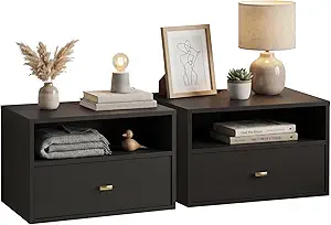 Prepac Floating Shelf Side Table with Drawer and Brushed Brass Knobs, Modern Floating Nightstand 15" D x 22.5" W x 14.5" H, Black, BRBW-1402-2M