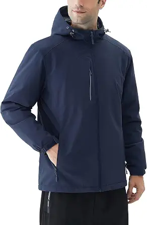 TYSON WOLF Men's Hooded Softshell Jacket Waterproof Zip Up Lightweight Windbreaker Fleece Lined Rain Shell Jacket Casual