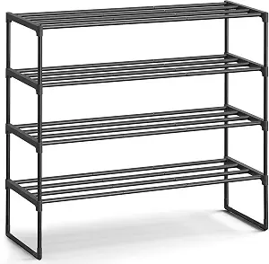 SONGMICS Shoe Rack, 4-Tier Shoe Organizer, Metal Storage Shelf | for Entryway, Upright or Upside Down, for 20-25 Pairs, Stackable, 11.8 x 36.2 x 29.1 Inches, Black ULSA14BK