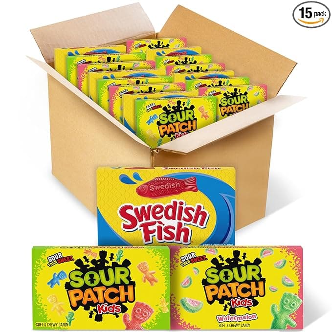 SOUR PATCH KIDS and SWEDISH FISH Soft &amp; Chewy Candy Variety Pack, Bulk Candy, 15 Boxes