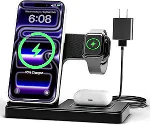 GETPALS Wireless Charger iPhone Charging Station for Apple Multiple Devices | 3 in 1 Charger Stand for iPhone 17 Pro Max 17e 16 16e 15 14 13 12 & Watch Series 11-2 SE Ultra & Airpods 4 3 Pro, Black