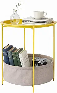 VECELO Round Side/End Table with Fabric Storage Basket，Metal Anti-Rust and Waterproof Small Bedside Nightstand with Removable Tray Top for Living Room，Balcony & Laundry，Yellow /1pcs with Basket