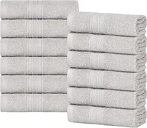 Superior Eco-Friendly Cotton 12-Piece Face Towel/Washcloth Set, Small, Fast Drying Towels for Face, Spa, Resort, Hotel, Hand, Shower, Guest Bathroom, Home, Airbnb, Apartment Essentials, Silver