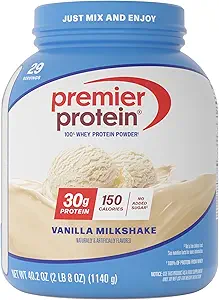 Premier Protein Powder, Vanilla Milkshake, 30g Protein, 1g Sugar, Gluten Free, No Soy, 40.2 oz, 29 Servings (Packaging May Vary)