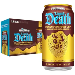 Liquid Death Soda-Flavored Sparkling Water - Feastables Peanut Butter Cup, Less Sugar*, Huge Flavor, No Caffeine, No Artificial Sweeteners, 12 Fl Oz (Pack of 12)