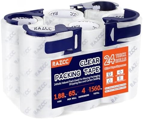 Packing Tape, 24 Rolls Clear Heavy Duty Packaging Tape with Dispensers for Packing Shipping Moving Mailing, Thicker Sealing Tape -1.88" x 65 Yards Per Roll, 1560 Total Yards