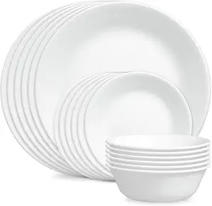 Corelle Vitrelle 18-Piece Service for 6 Dinnerware Set Triple Layer Glass and Chip Resistant, Lightweight Round Plates and Bowls Set, Winter Frost White
