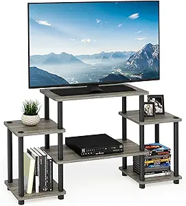 Furinno Turn-N-Tube No Tools Entertainment Center, Round Square Corner, French Oak Grey/Black | Raised Top, Open Shelves TV Console with for TV up to 32 Inch, for Living Room, Bedroom
