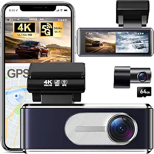 4K Dash Cam Front and Rear,with 64GB Card,Built in 5.8GHz WiFi & GPS Car Camera,Super Night Vision,Advanced Driver Assistance System,3.2'IPS Screen,24H Parking Mode,Time-Lapse,Loop Recording