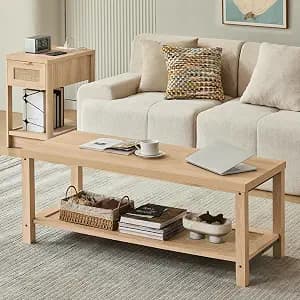 Lerliuo Farmhouse Coffee Tables for Living Room, Natural | Rattan Center Table with Open Storage Shelf & Thickened Top & Country Wood Grain