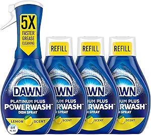 Dawn Powerwash Dish Soap Spray + 3 Dishwashing Liquid Refills Lemon, 4*16oz | Instantly breaks down 99% of residue. No water needed. Overnight soak power in minutes. Reusable sprayer.