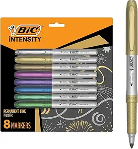 BIC Intensity Metallic Permanent Markers, Fine Point, 8-Count Pack of Metallic Markers With Non-Slip Grip for Comfort and Control