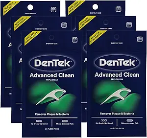DenTek Advanced Clean Floss Picks with No Break & No Shred Dental Floss, Plaque Remover, 20 Count, Pack of 6