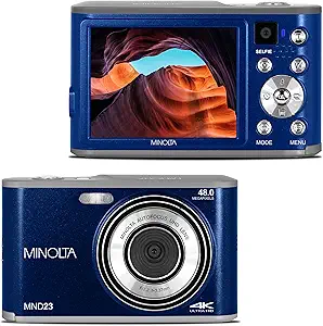 Minolta 48MP Digital Camera with Rear Selfie Lens – 4K Ultra HD Video, 2.8" LCD Screen, 16X Digital Zoom, Autofocus, Slow Motion, Time Lapse, Filters, Scene Modes, 32GB Card Included (Blue)