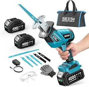 SEESII Reciprocating Saw Cordless, Variable Speed 3500 RPM Brushless Motor with 6 Saw Blades, 2 x 4.0Ah Batteries, LED Light, Tool‑Free Blade Change, Portable for Wood PVC Cutting