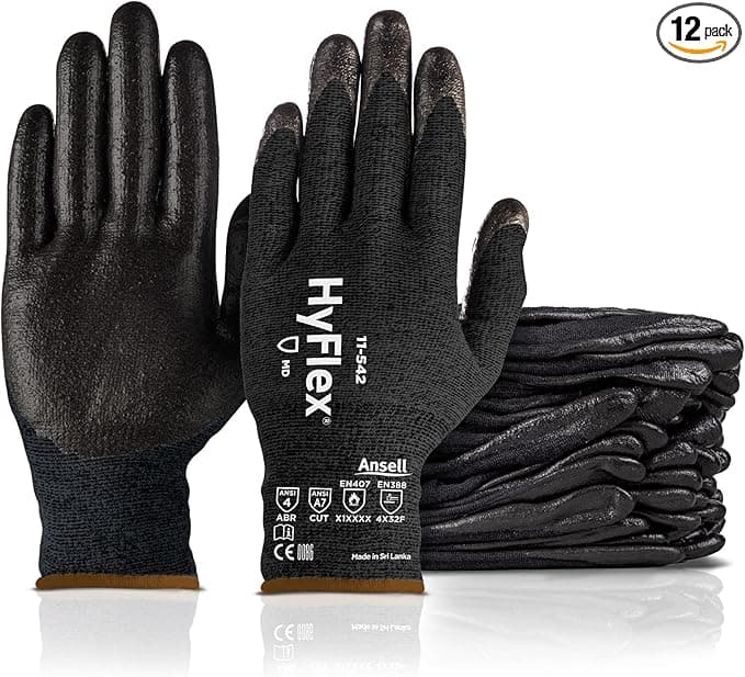 HyFlex 11-542 Cut/Heat-Resistant Kevlar Mechanical Work Gloves w/ Nitrile Palm for Machinery, EMS, Automotive - Size 10, Black (12 Pairs)