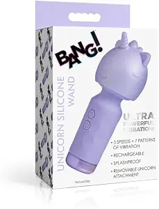Bang! Unicorn Silicone Wand for Beginners, Women & Couples. Cute and Whimsical. Flexible Neck and Smooth Silicone. Powerful Vibes and Travel Friendly. Rechargeable and Splashproof. 3 Pieces, Purple.