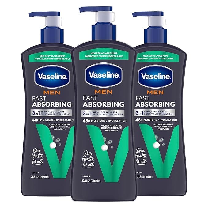 Vaseline Men's Healing Moisture Hand &amp; Body Lotion For Dry or Cracked Skin Fast Absorbing Non-Greasy Lotion for Men 20.3 oz, Pack of 3